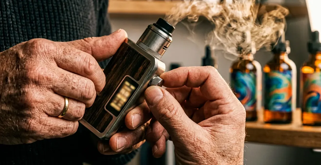 Gros plan sur les mains d'un vapoteur ajustant les réglages watts d'une cigarette électronique moderne