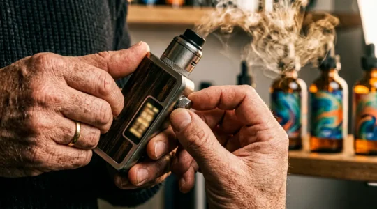 Gros plan sur les mains d'un vapoteur ajustant les réglages watts d'une cigarette électronique moderne