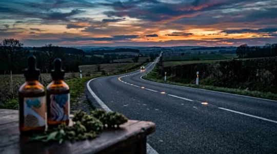 Contrôle routier avec test salivaire et produits CBD en arrière-plan