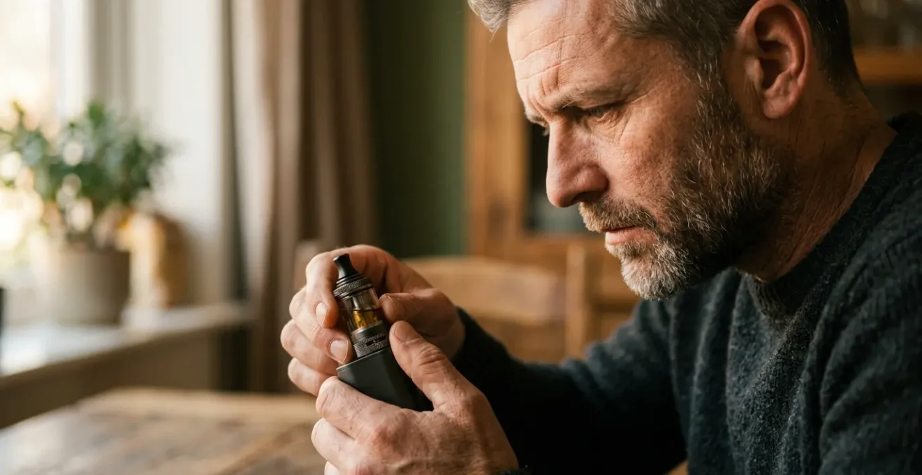 Vapoteur expérimenté ajustant précisément sa cigarette électronique pour obtenir le tirage serré parfait