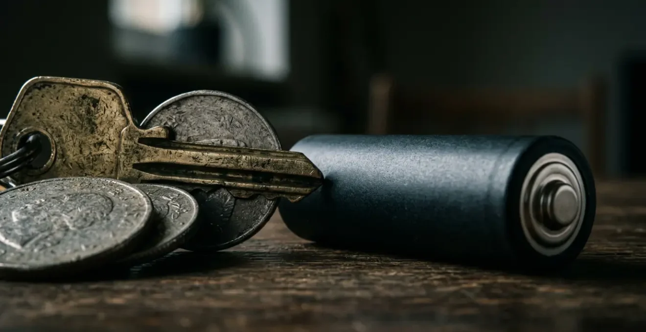 Pièces de monnaie et clés dangereusement proches d'un accu de cigarette électronique dans une poche