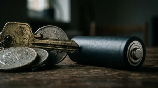 Pièces de monnaie et clés dangereusement proches d'un accu de cigarette électronique dans une poche