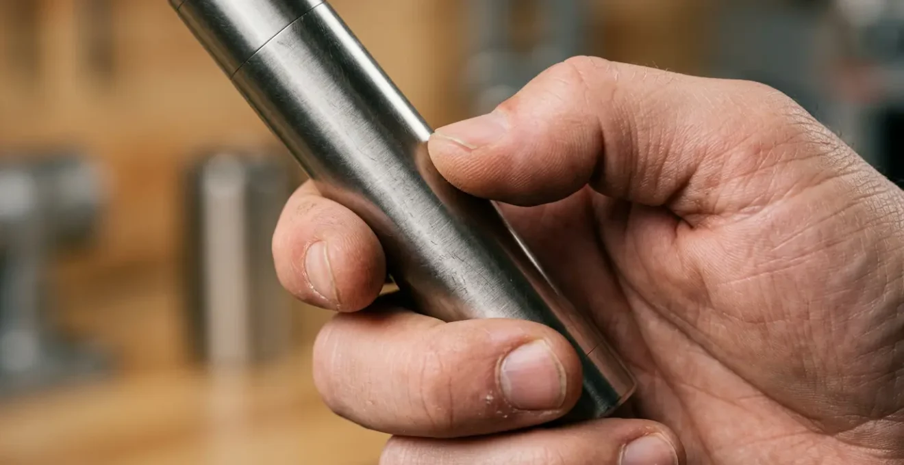 Tube de cigarette électronique cylindrique tenu par une main experte dans un environnement professionnel