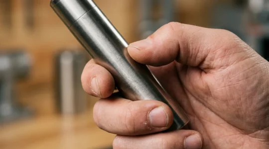 Tube de cigarette électronique cylindrique tenu par une main experte dans un environnement professionnel