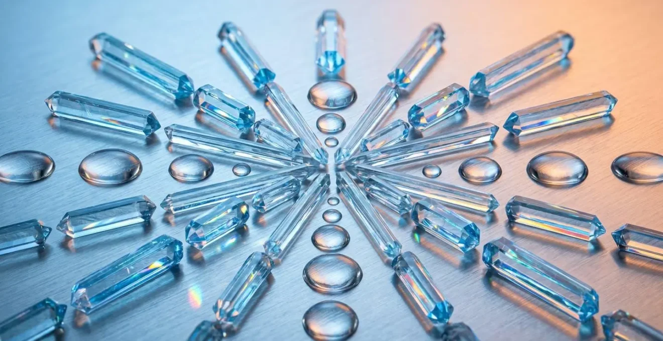 Vue macro de cristaux de menthol et gouttes d'additif Koolada sur surface métallique