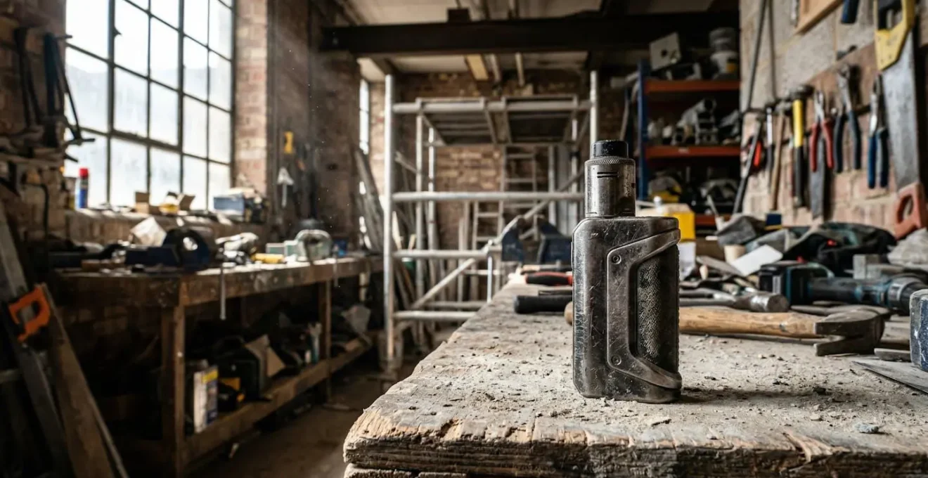 Cigarette électronique robuste posée sur un établi de chantier avec des outils en arrière-plan