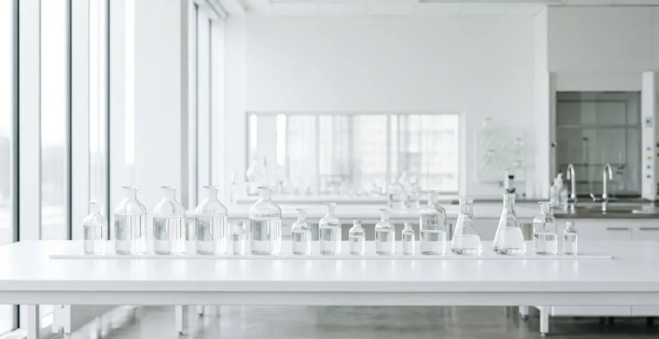 Vue minimaliste d'un laboratoire moderne avec flacons de PG et VG disposés artistiquement