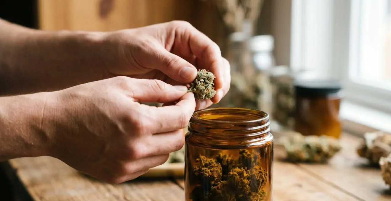 Gros plan sur mains transférant délicatement des fleurs CBD dans un bocal en verre ambré