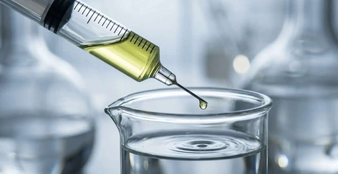 Vue macro d'une seringue graduée dosant précisément un arôme citron vert dans un bécher