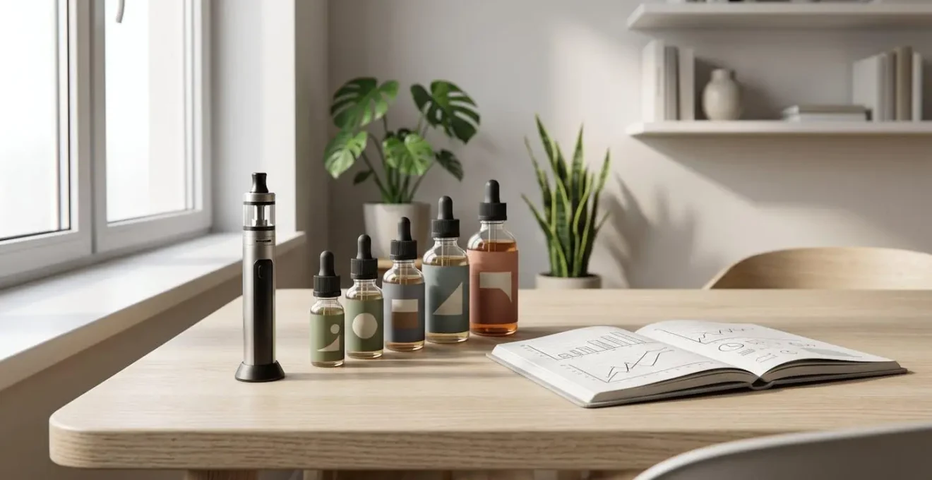 Plan large d'un bureau minimaliste avec cigarette électronique et flacons d'e-liquide arrangés