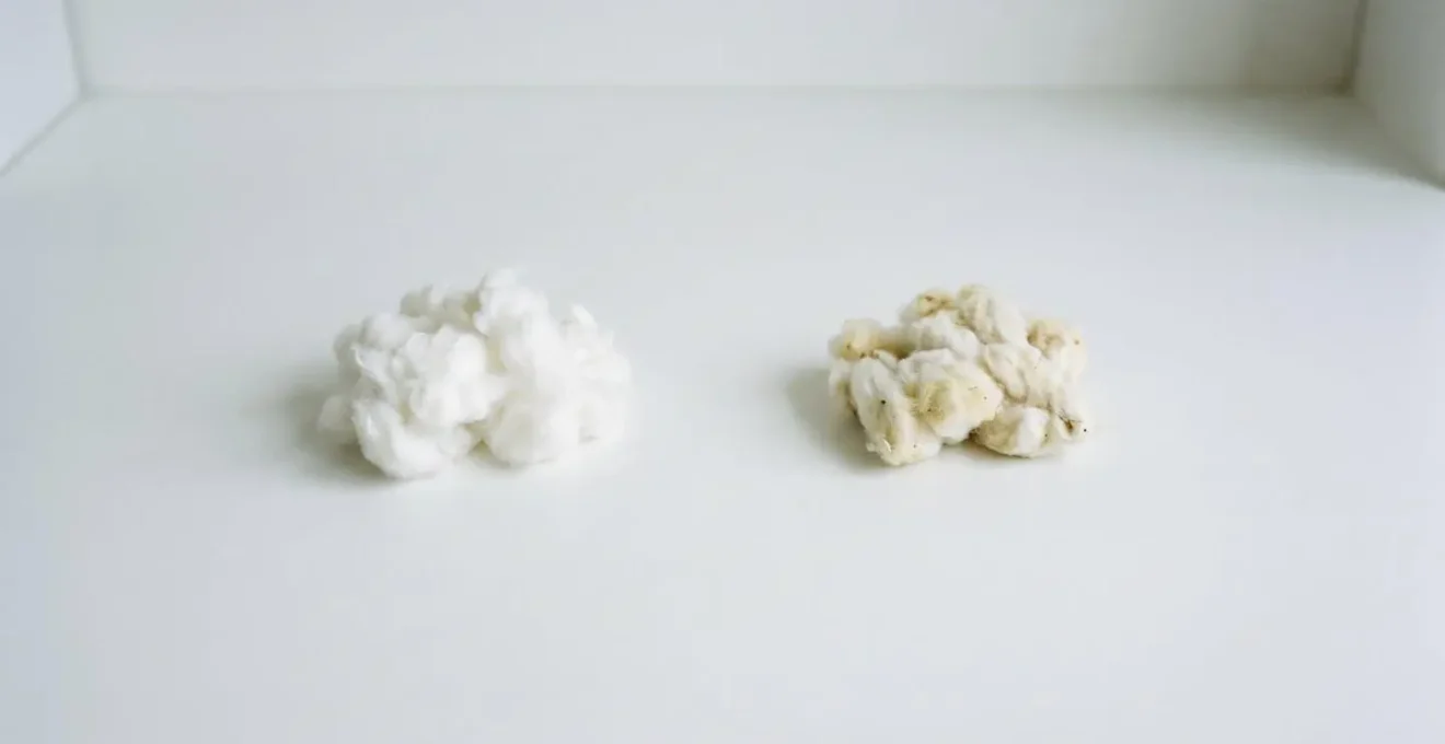Comparaison visuelle entre coton neuf et usagé montrant les signes de cristallisation et de dégradation