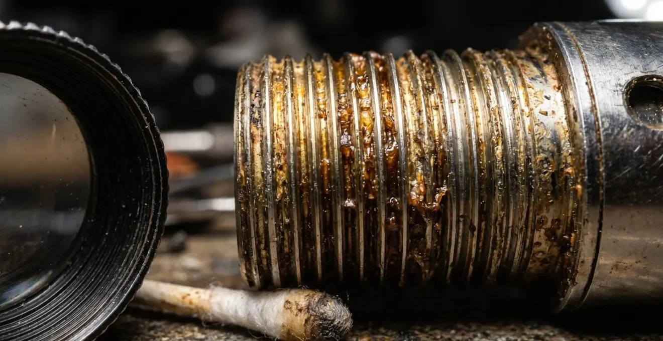 Inspection minutieuse des filetages d'un clearomiseur avec une loupe révélant l'encrassement
