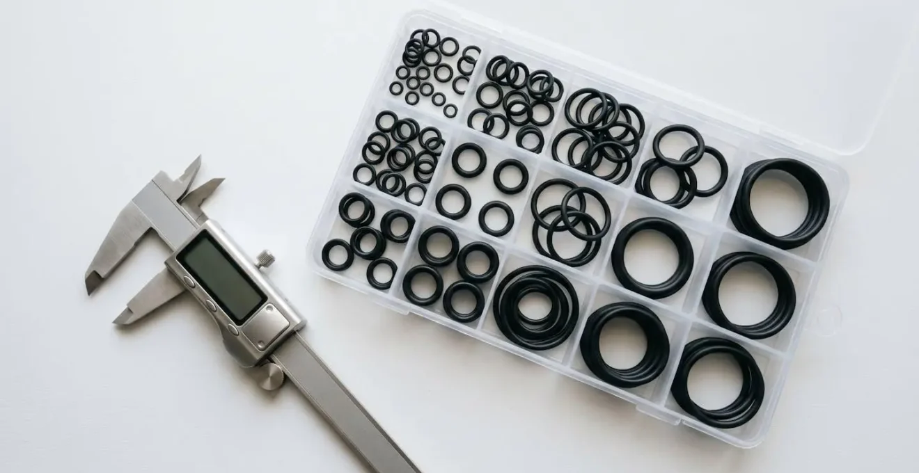 Kit de joints toriques organisé dans une boîte à compartiments avec pied à coulisse