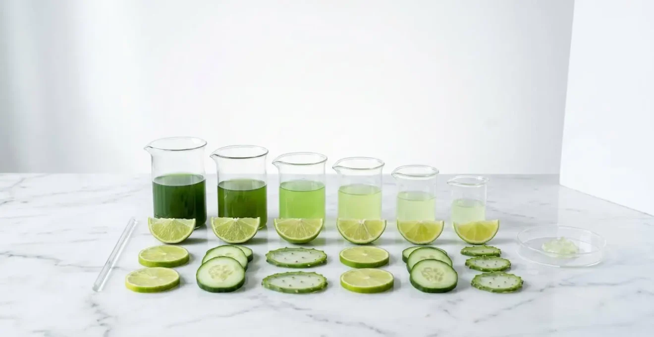Composition minimaliste de tranches de citron vert, feuille de cactus et rondelles de concombre