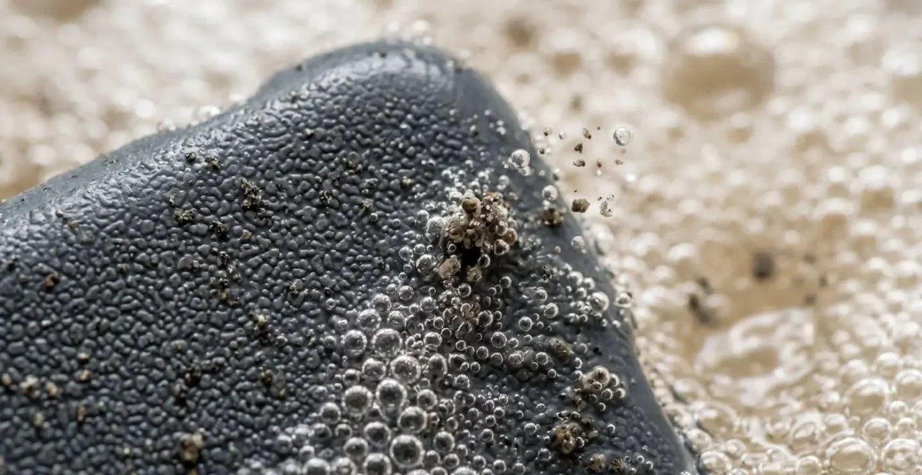 Gros plan macro sur un étui silicone immergé dans une solution de bicarbonate de soude avec bulles visibles
