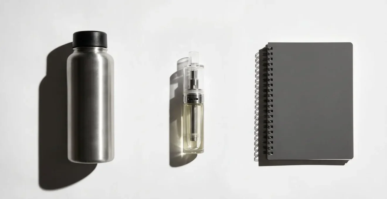 Schéma visuel du protocole d'auto-diagnostic en trois étapes avec bouteille d'eau et vapoteuse
