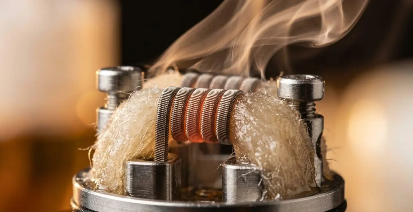 Vue macro d'une résistance de cigarette électronique avec vapeur délicate s'élevant