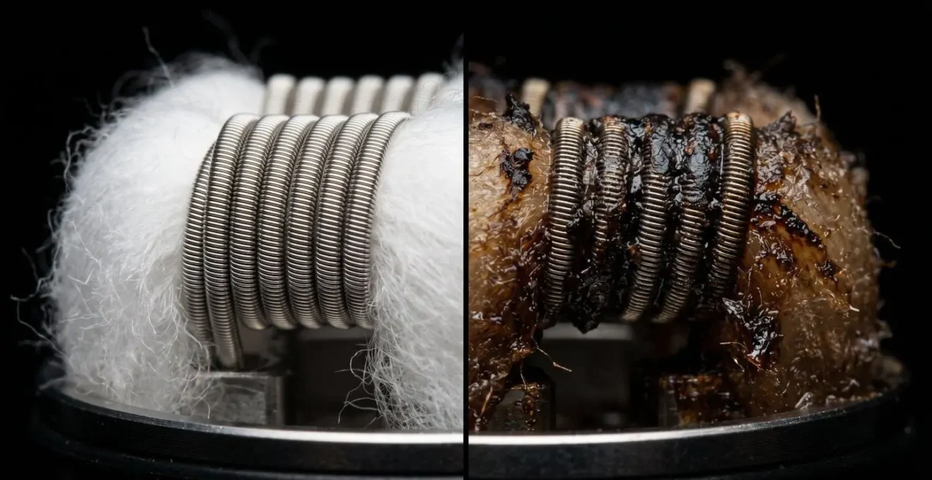 Comparaison macro de deux résistances de cigarette électronique, une propre et une encrassée par les dépôts de caramel