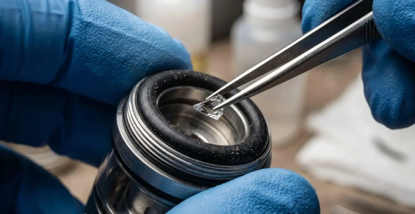 Mains utilisant une pince à épiler pour retirer des éclats de verre d'un clearomiseur