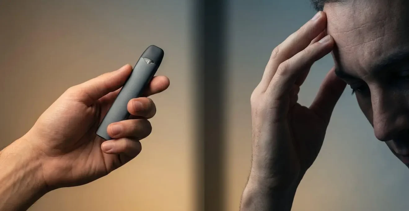 Illustration montrant une main sur le front pour symboliser les signes de malaise liés au surdosage de nicotine.