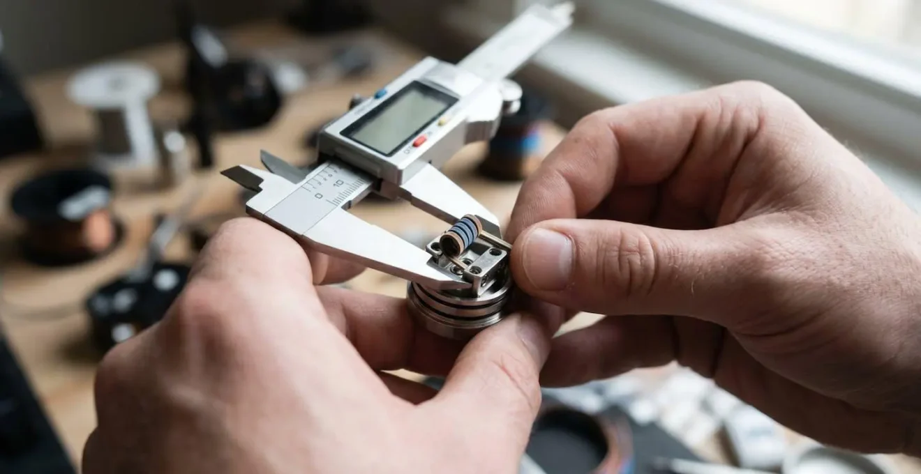 Mains d'expert utilisant un gabarit de coupe sur un coil avec pied à coulisse en arrière-plan