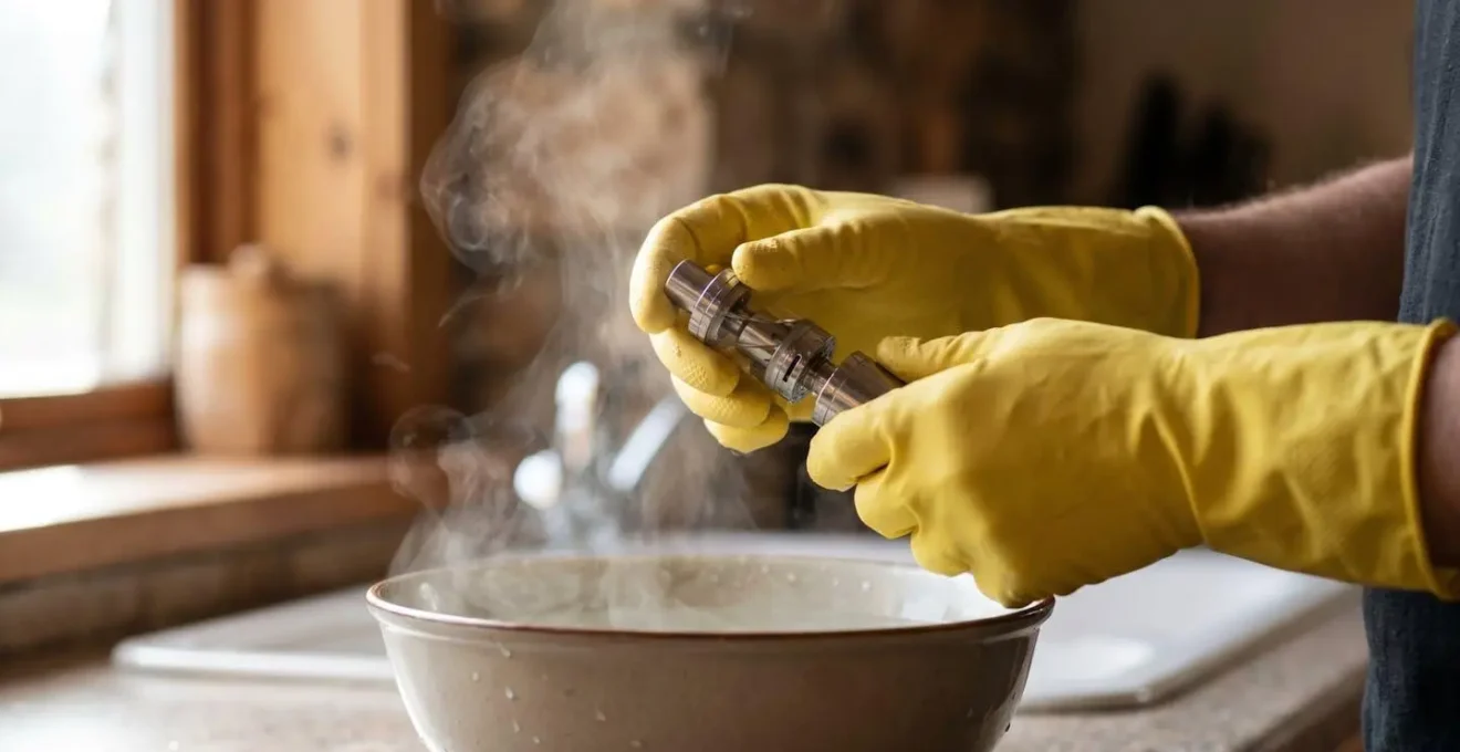 Main avec gant en caoutchouc dévissant un clearomiseur après dilatation thermique