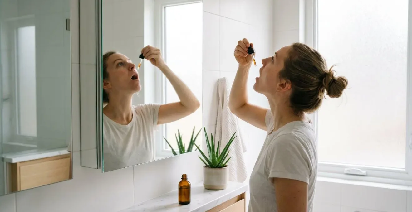 Personne utilisant la technique du miroir pour prendre de l'huile CBD sans contaminer la pipette