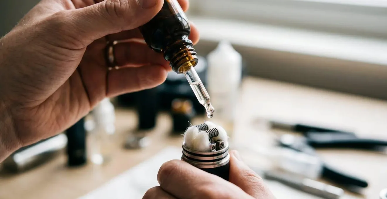 Main appliquant du liquide sur les coils d'un dripper avec technique de painting