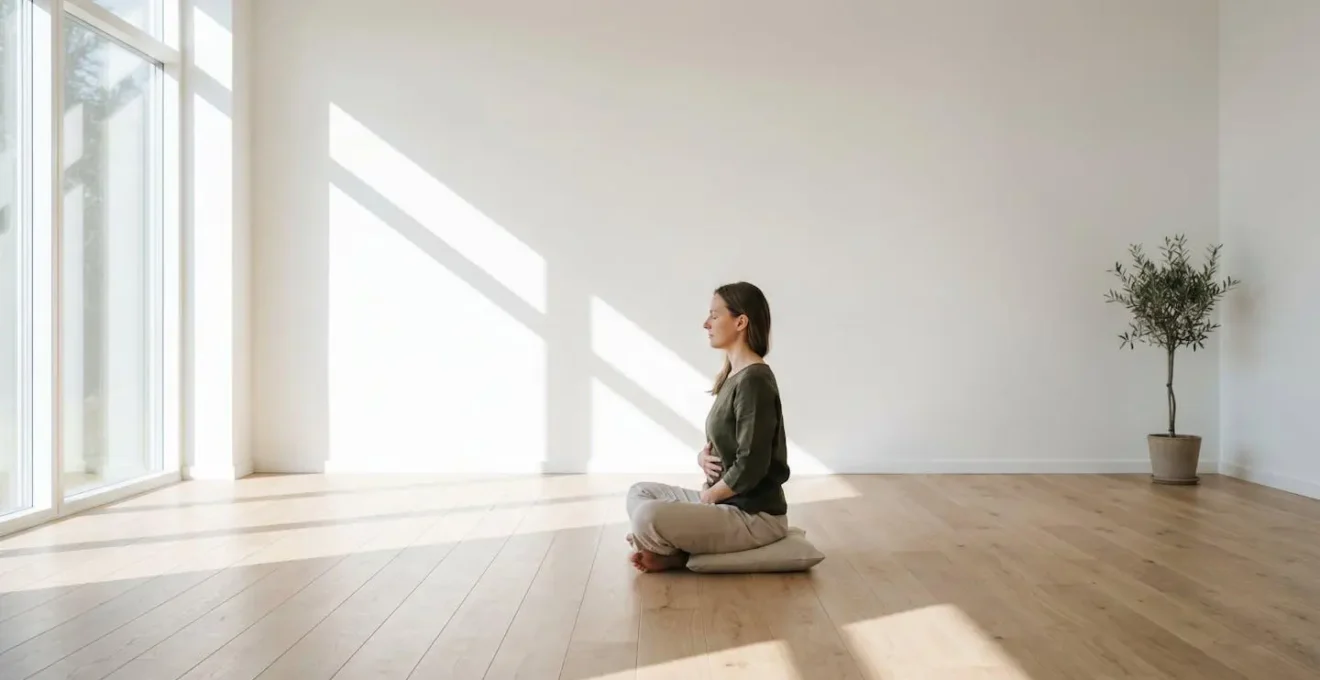 Personne pratiquant un exercice de respiration profonde dans un environnement apaisant