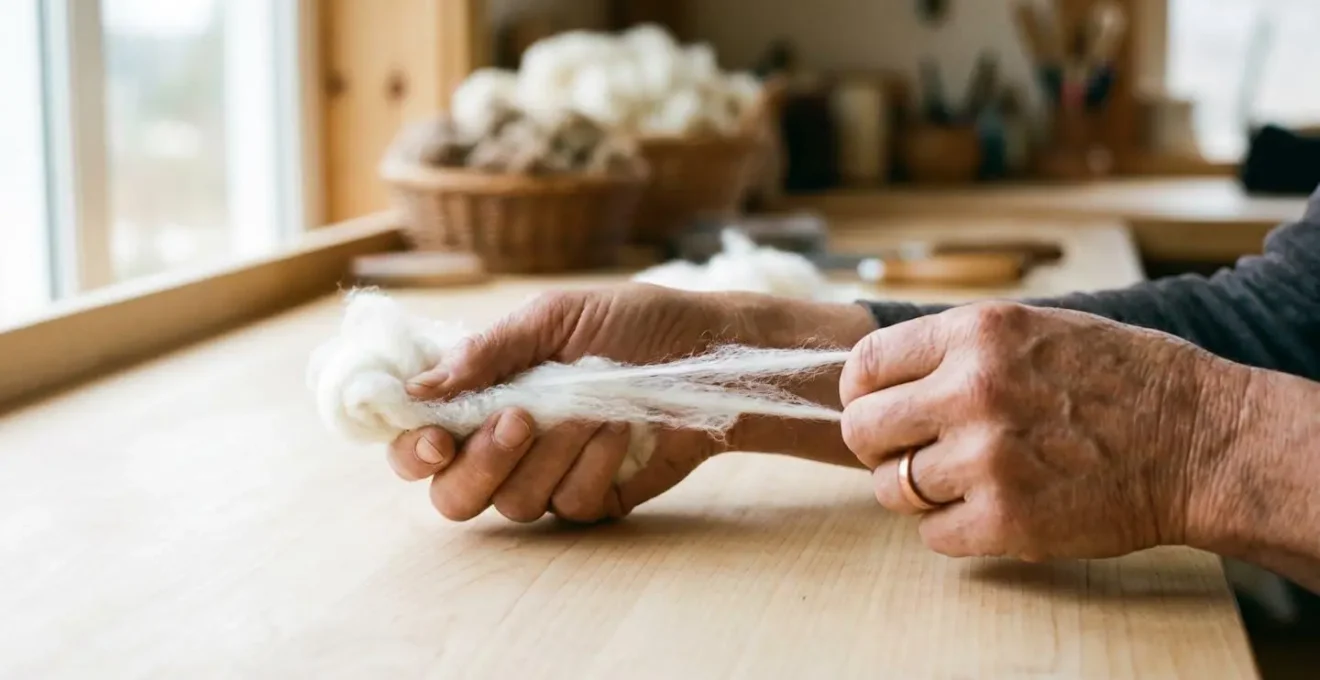 Mains expertes étirant et alignant les fibres de coton selon la technique du rouleautage écossais