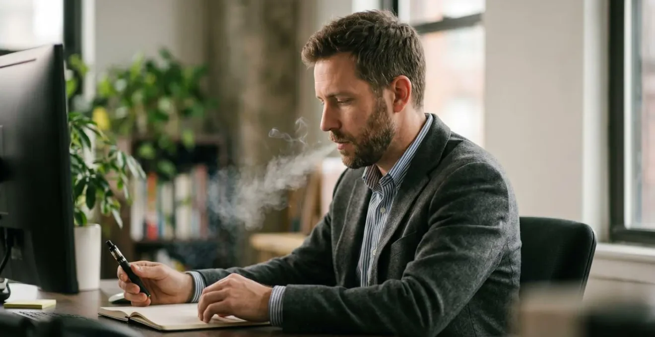 Silhouette d'une personne en environnement de bureau pratiquant une technique de vape discrète