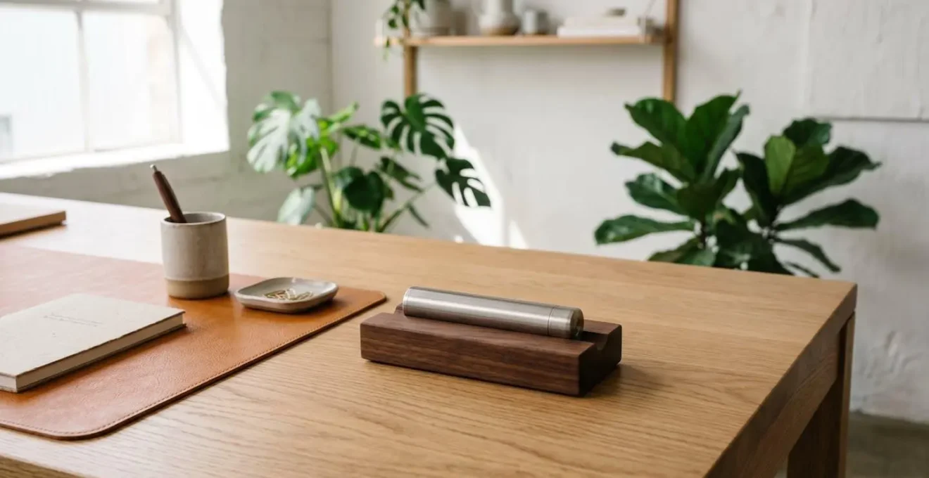 Tube de cigarette électronique posé sur un support élégant en bois