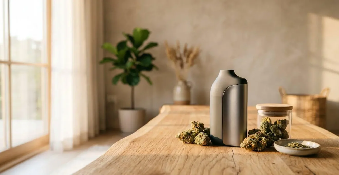 Vue large d'un vaporisateur moderne dans un environnement zen avec fleurs CBD