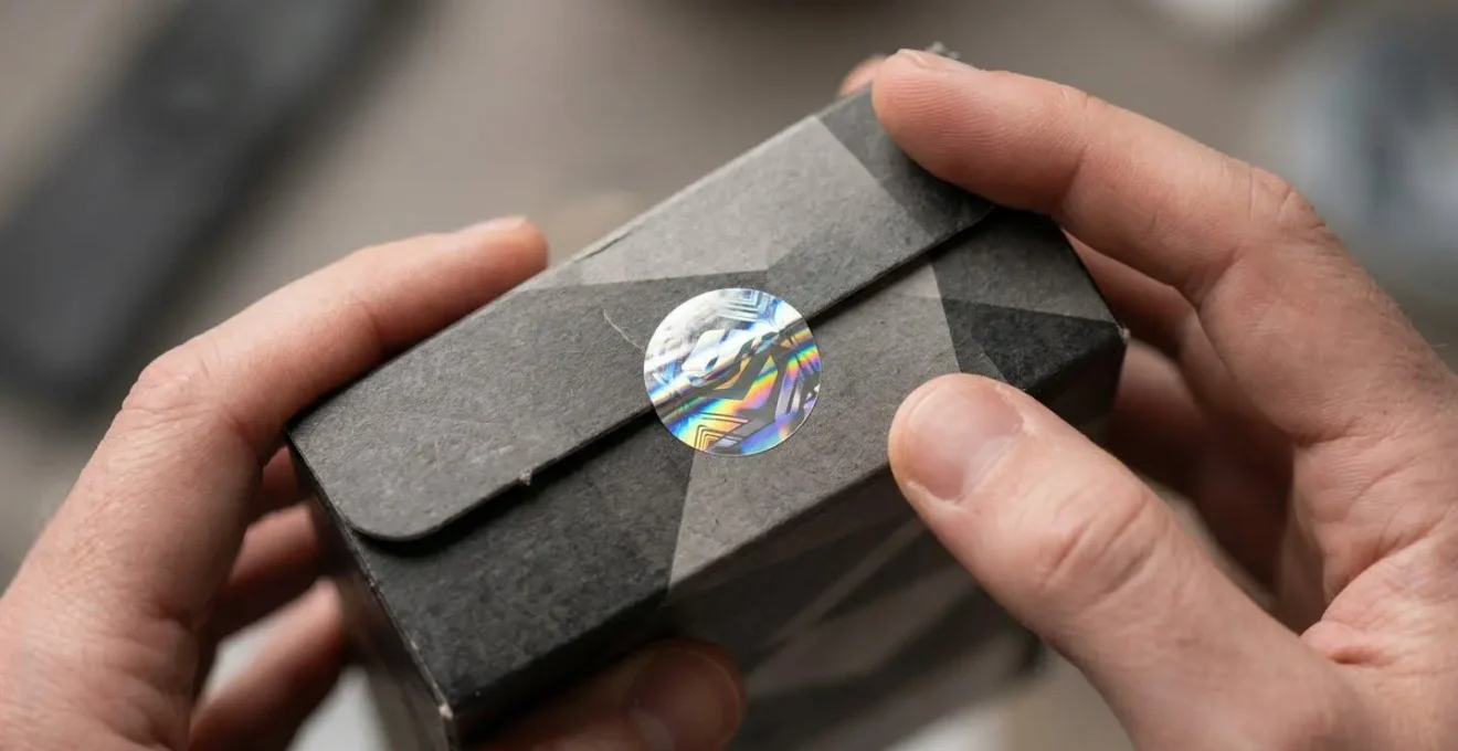 Gros plan sur une main tenant un boîtier de cigarette électronique avec hologramme de sécurité visible