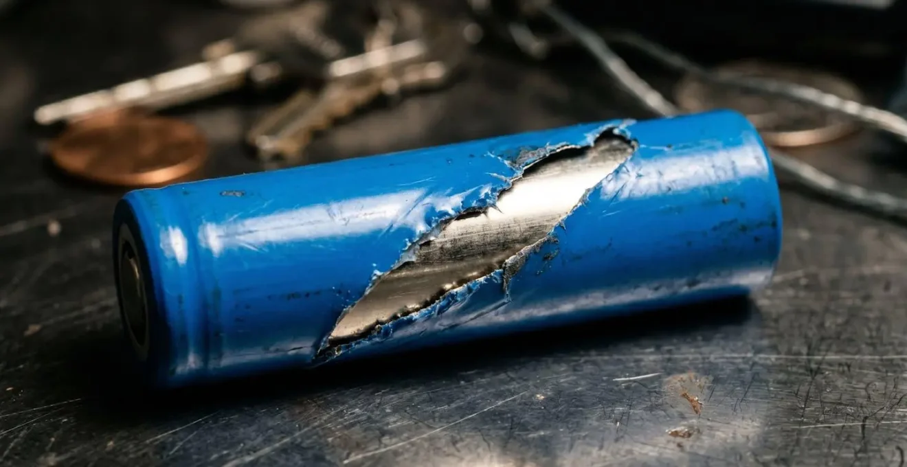 Gros plan sur un accu 18650 avec wrap partiellement déchiré révélant le danger du corps métallique