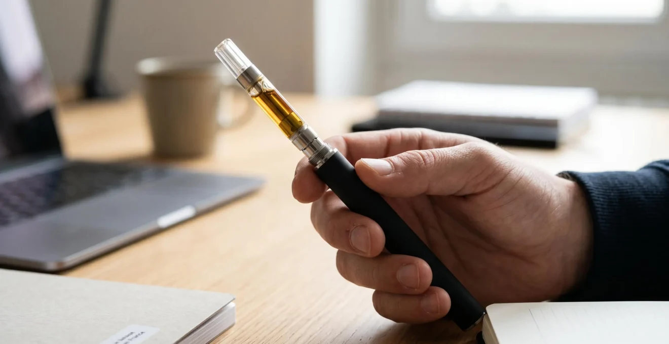 Gros plan d'une main tenant une batterie 510 avec cartouche CBD transparente vissée, distillat doré visible à l'intérieur, filetage de connexion partiellement visible