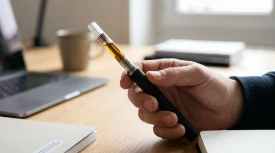 Gros plan d'une main tenant une batterie 510 avec cartouche CBD transparente vissée, distillat doré visible à l'intérieur, filetage de connexion partiellement visible