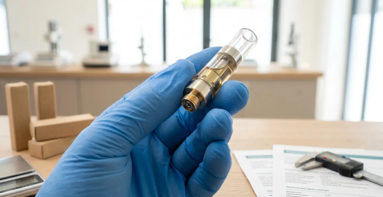 Gros plan d'une main gantée tenant une cartouche CBD en verre transparent et examinant le filetage 510 métallique à la base dans un environnement de boutique spécialisée